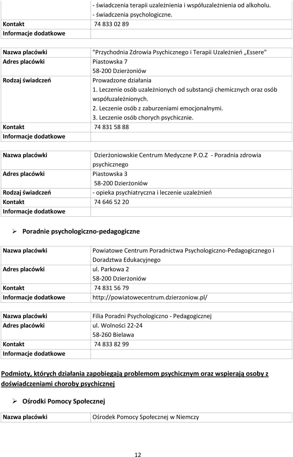 Leczenie osób uzależnionych od substancji chemicznych oraz osób współuzależnionych. 2. Leczenie osób z zaburzeniami emocjonalnymi. 3. Leczenie osób chorych psychicznie.