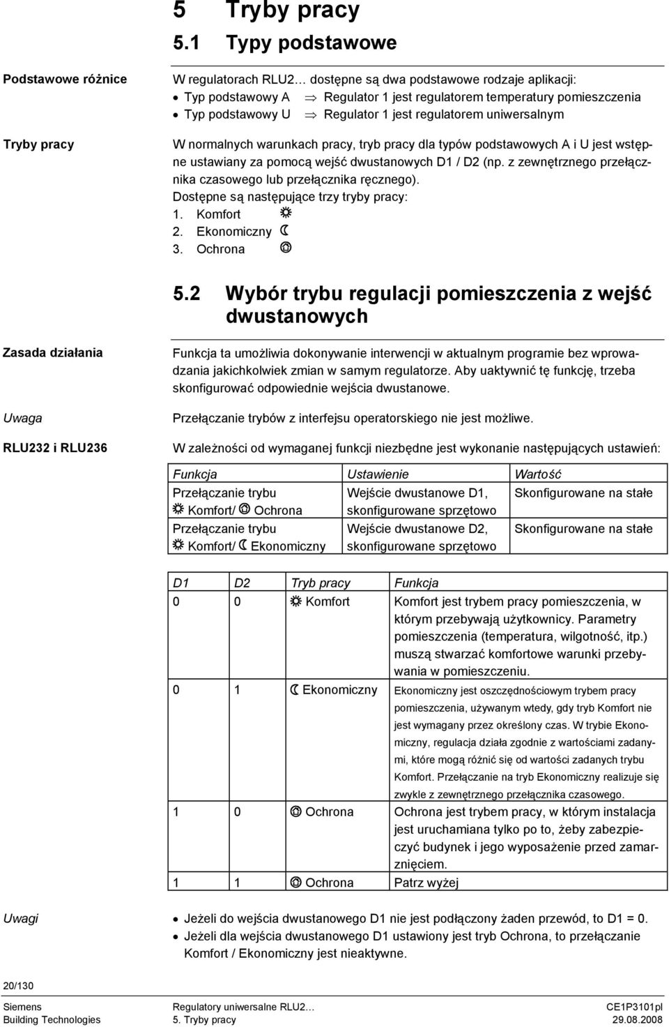 podstawowy U Regulator 1 jest regulatorem uniwersalnym W normalnych warunkach pracy, tryb pracy dla typów podstawowych A i U jest wstępne ustawiany za pomocą wejść dwustanowych D1 / D2 (np.