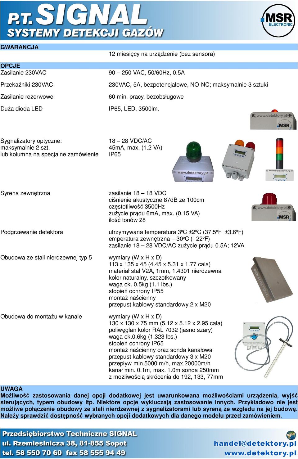 Sygnalizatory optyczne: maksymalnie 2 szt. lub kolumna na specjalne zamówienie 18 28 VDC/AC 45mA, max. (1.