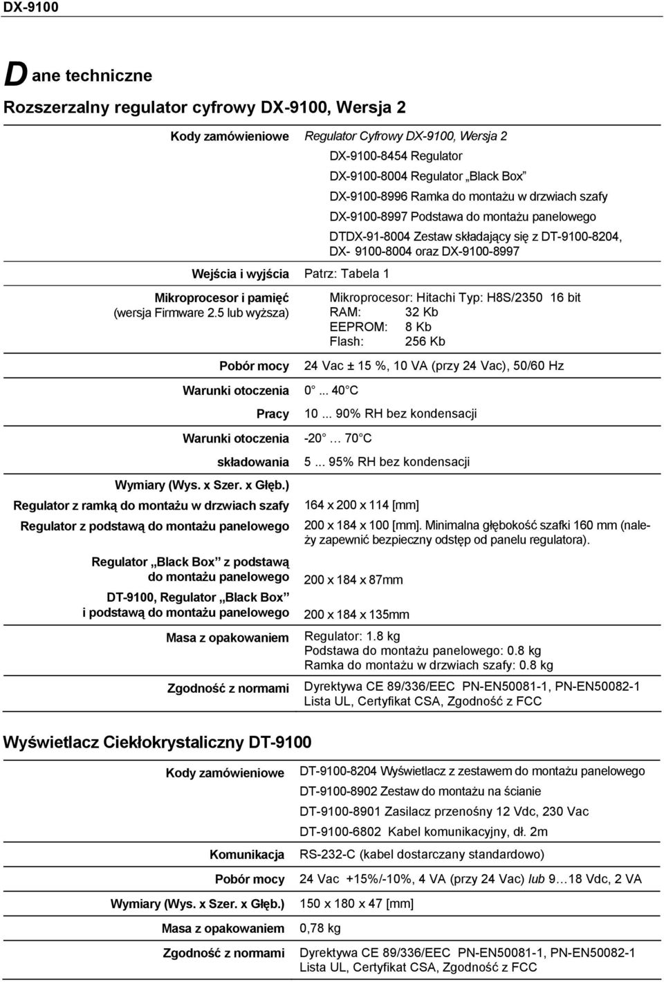 i pamięć (wersja Firmware 2.5 lub wyższa) Pobór mocy Warunki otoczenia 0... 40 C Pracy Warunki otoczenia -20 70 C składowania Wymiary (Wys. x Szer. x Głęb.