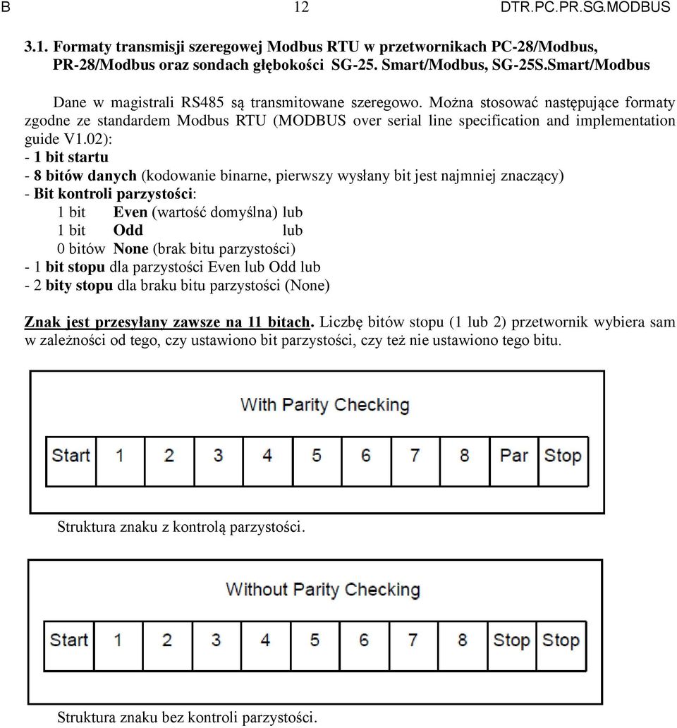 02): - 1 bit startu - 8 bitów danych (kodowanie binarne, pierwszy wysłany bit jest najmniej znaczący) - Bit kontroli parzystości: 1 bit Even (wartość domyślna) lub 1 bit Odd lub 0 bitów None (brak