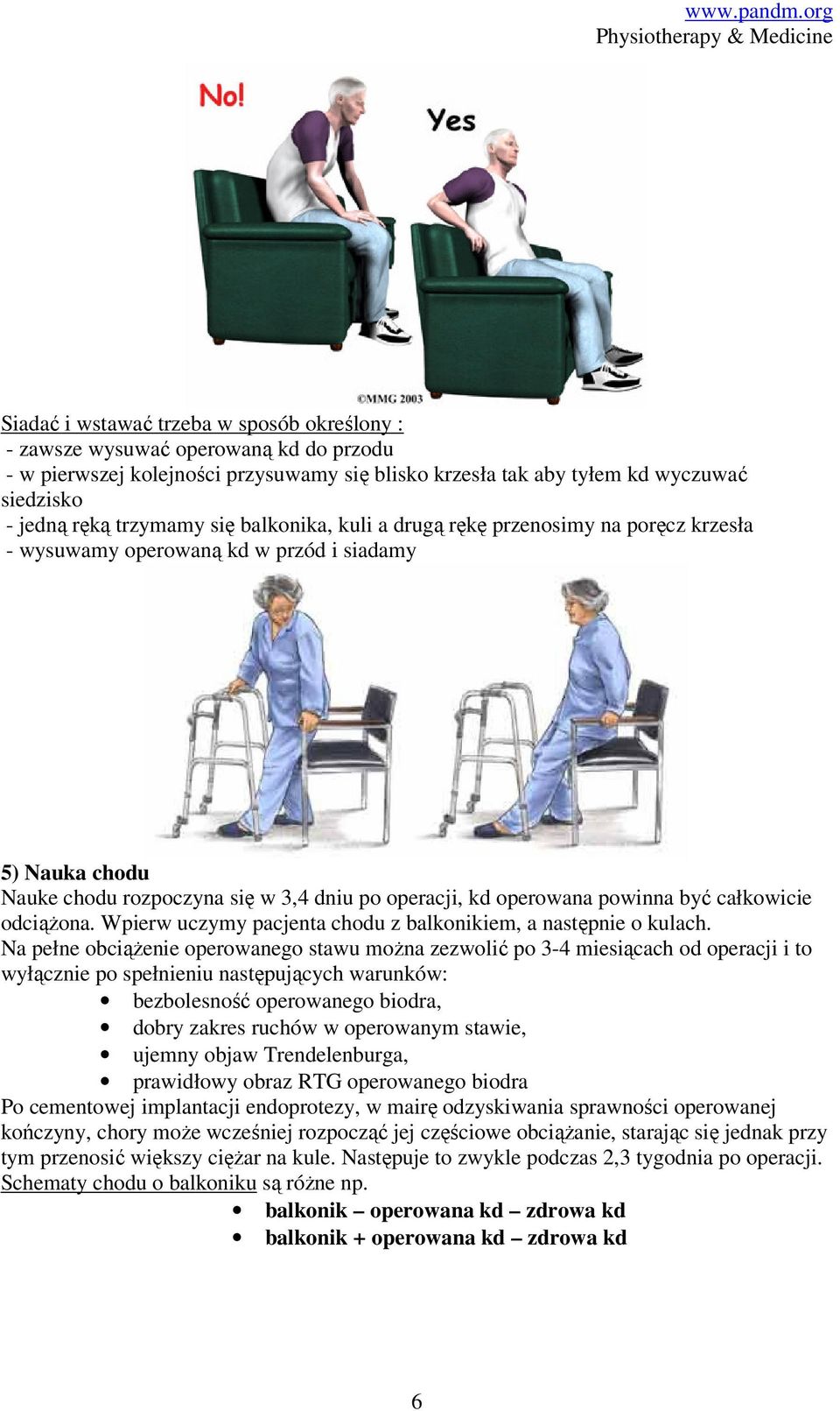 całkowicie odciążona. Wpierw uczymy pacjenta chodu z balkonikiem, a następnie o kulach.