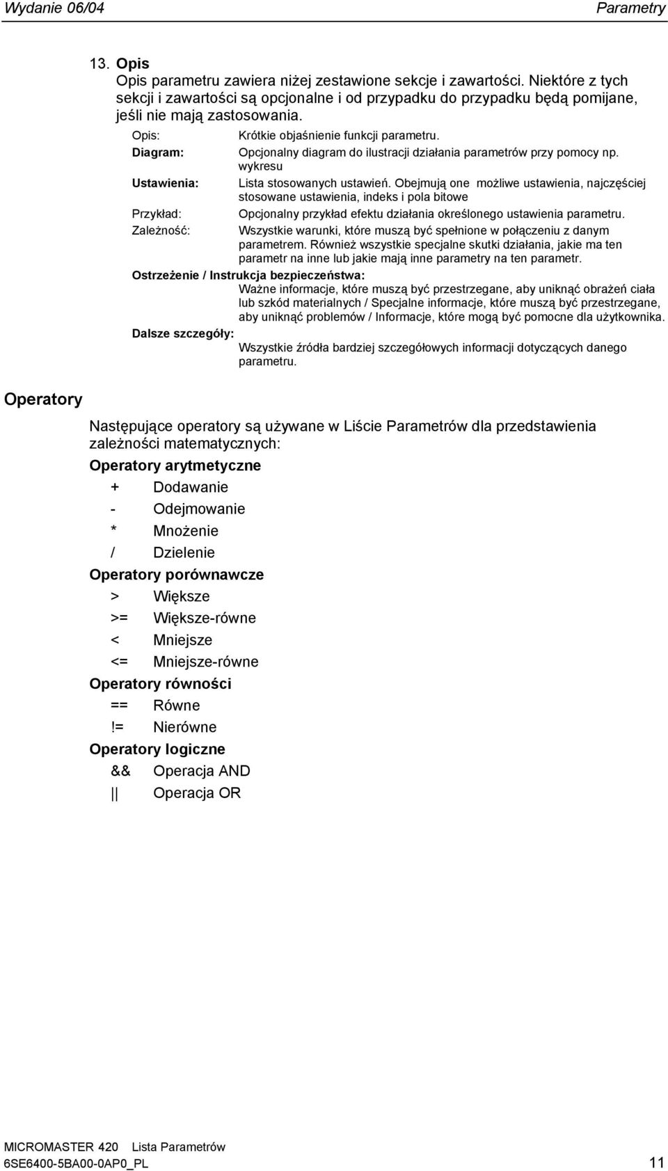 Opis: Diagram: Usawienia: Przykład: Zależność: Krókie objaśnienie funkcji parameru. Opcjonalny diagram do ilusracji działania paramerów przy pomocy np. wykresu Lisa sosowanych usawień.