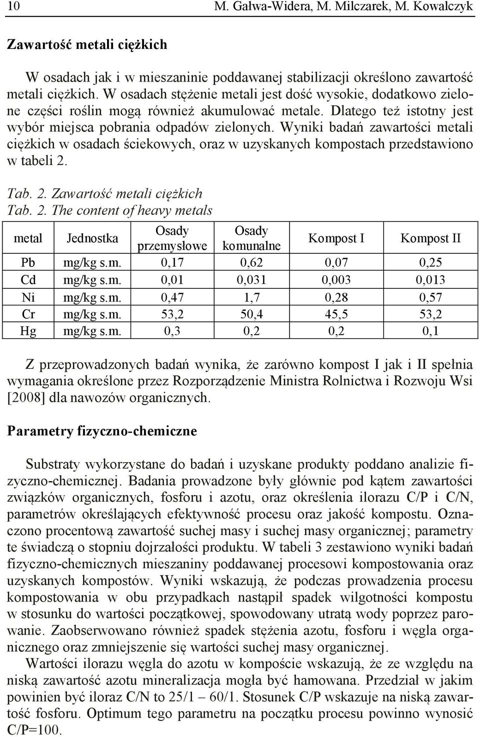 Wyniki badań zawartości metali ciężkich w osadach ściekowych, oraz w uzyskanych kompostach przedstawiono w tabeli 2.