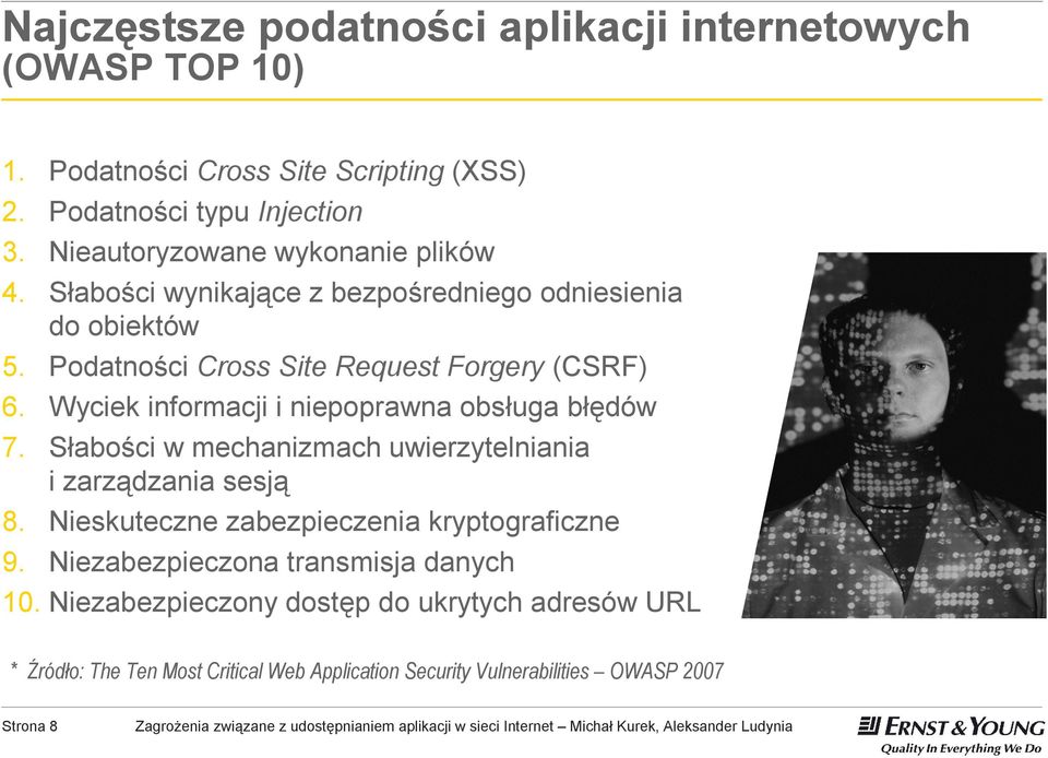 obiektów 5. Podatności Cross Site Request Forgery (CSRF) 6. Wyciek informacji i niepoprawna obsługa błędów 7.