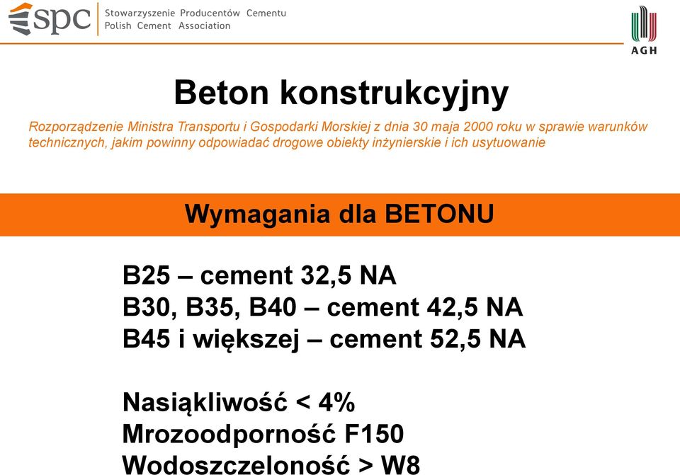 inżynierskie i ich usytuowanie Wymagania dla BETONU B25 cement 32,5 NA B30, B35, B40