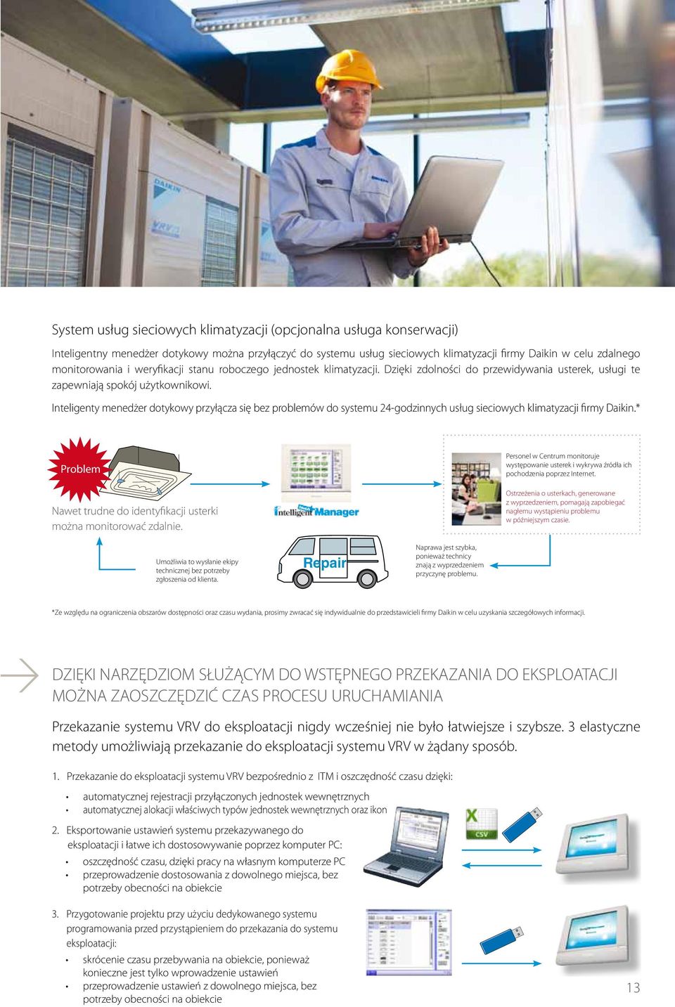 Inteligenty menedżer dotykowy przyłącza się bez problemów do systemu 24-godzinnych usług sieciowych klimatyzacji firmy Daikin.* Problem Nawet trudne do identyfikacji usterki można monitorować zdalnie.