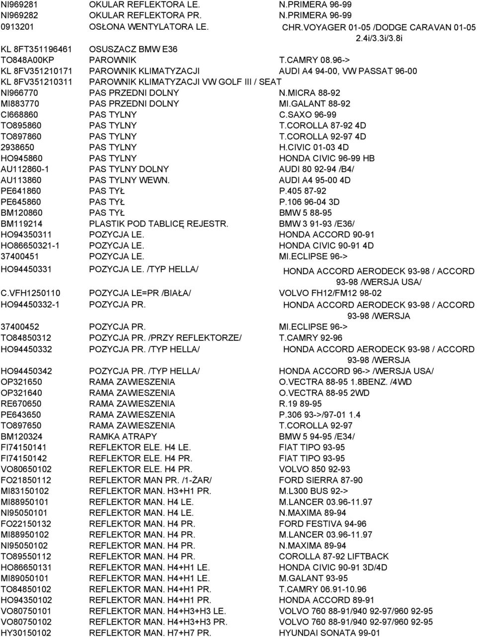 96-> KL 8FV351210171 PAROWNIK KLIMATYZACJI AUDI A4 94-00, VW PASSAT 96-00 KL 8FV351210311 PAROWNIK KLIMATYZACJI VW GOLF III / SEAT NI966770 PAS PRZEDNI DOLNY N.