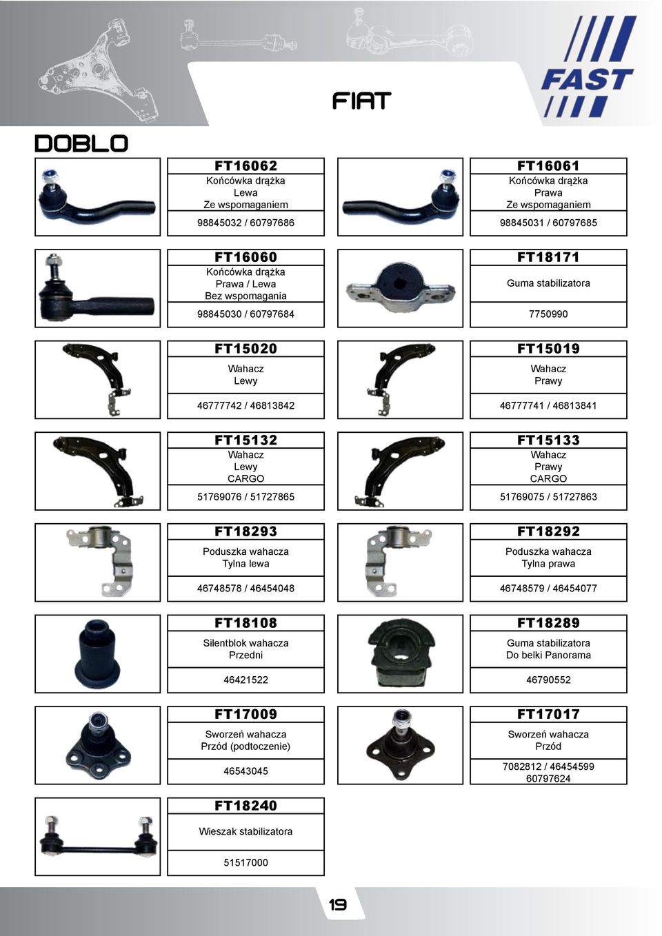 CARGO 51769075 / 51727863 FT18293 Poduszka wahacza Tylna lewa 46748578 / 46454048 FT18292 Poduszka wahacza Tylna prawa 46748579 / 46454077 FT18108 Silentblok wahacza Przedni 46421522