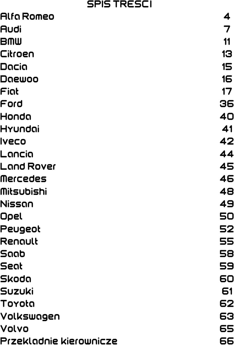 46 Mitsubishi 48 Nissan 49 Opel 50 Peugeot 52 Renault 55 Saab 58 Seat 59