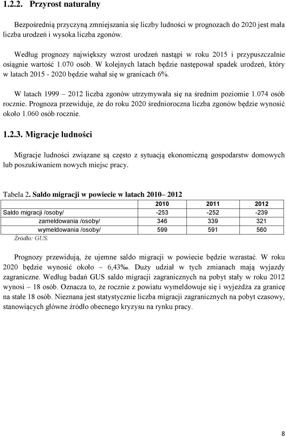 W kolejnych latach będzie następował spadek urodzeń, który w latach 2015-2020 będzie wahał się w granicach 6%. W latach 1999 2012 liczba zgonów utrzymywała się na średnim poziomie 1.074 osób rocznie.