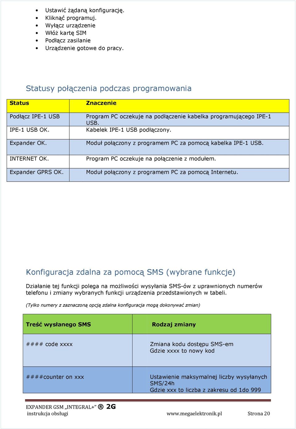 Znaczenie Program PC oczekuje na podłączenie kabelka programującego IPE-1 USB. Kabelek IPE-1 USB podłączony. Moduł połączony z programem PC za pomocą kabelka IPE-1 USB.