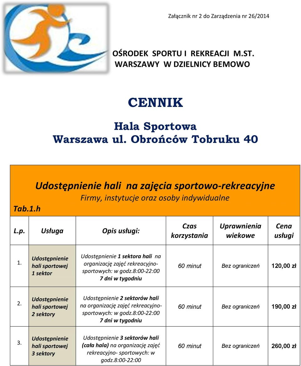 Obrońców Tobruku 40 hali na zajęcia sportowo-rekreacyjne Firmy, instytucje oraz osoby indywidualne