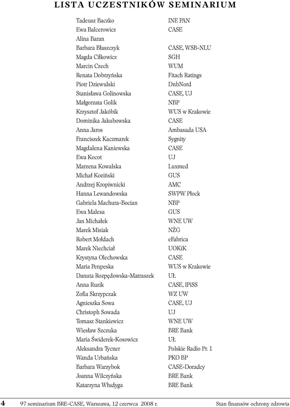 Kaniewska CASE Ewa Kocot UJ Marzena Kowalska Luxmed Michał Koziński GUS Andrzej Kropiwnicki AMC Hanna Lewandowska SWPW Płock Gabriela Machura-Bocian NBP Ewa Malesa GUS Jan Michałek WNE UW Marek