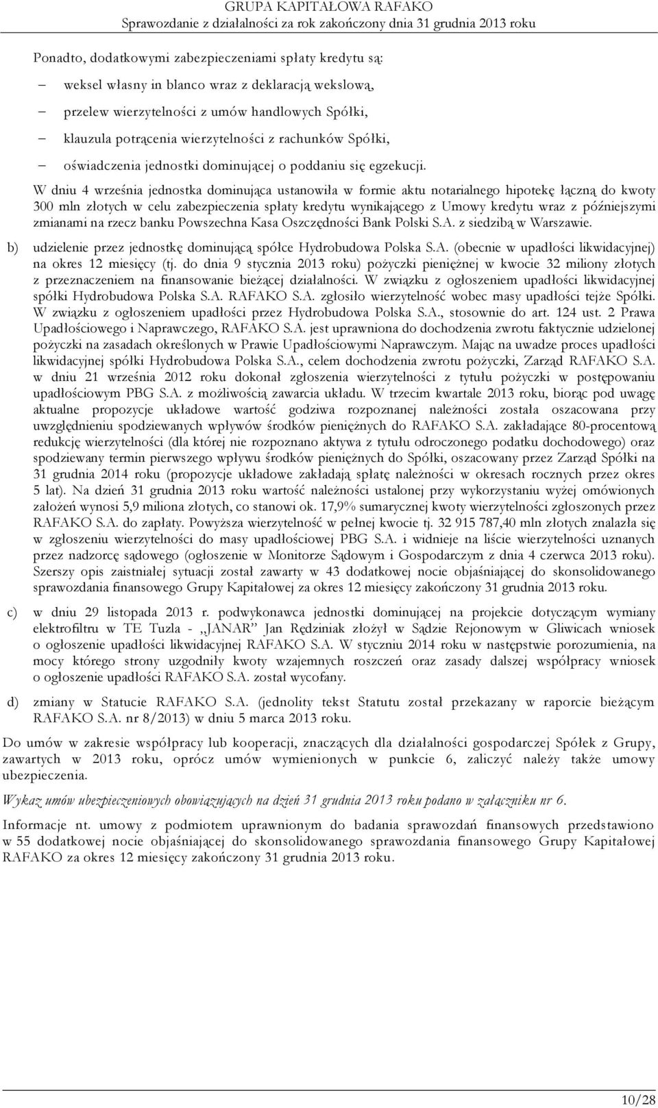 W dniu 4 września jednostka dominująca ustanowiła w formie aktu notarialnego hipotekę łączną do kwoty 300 mln złotych w celu zabezpieczenia spłaty kredytu wynikającego z Umowy kredytu wraz z