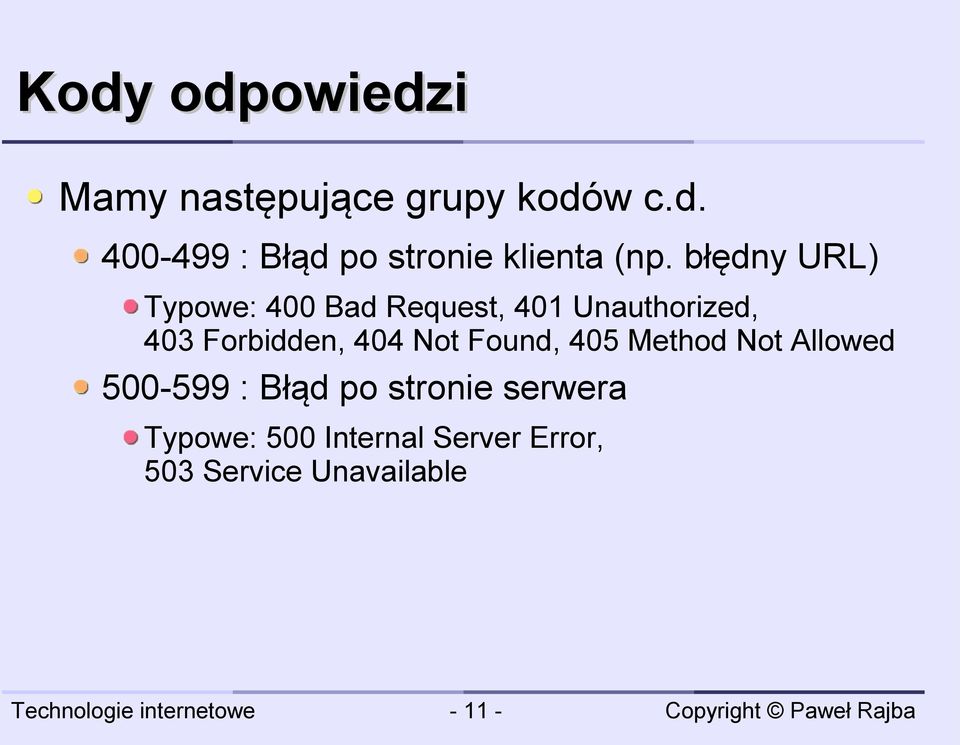 Not Found, 405 Method Not Allowed 500-599 : Błąd po stronie serwera