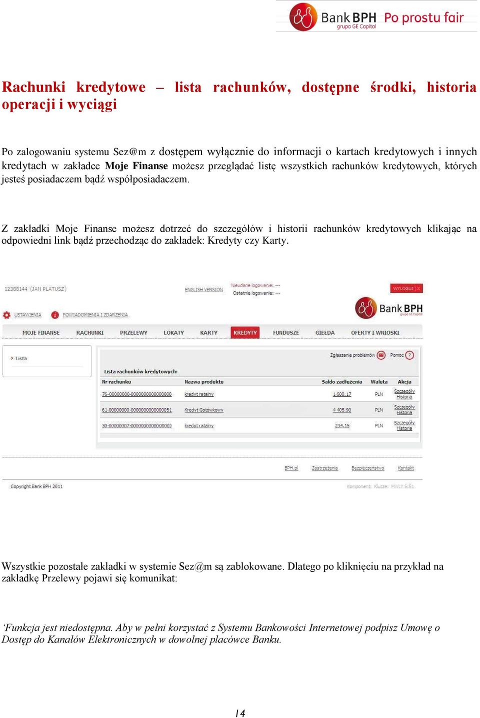 Z zakładki Moje Finanse możesz dotrzeć do szczegółów i historii rachunków kredytowych klikając na odpowiedni link bądź przechodząc do zakładek: Kredyty czy Karty.