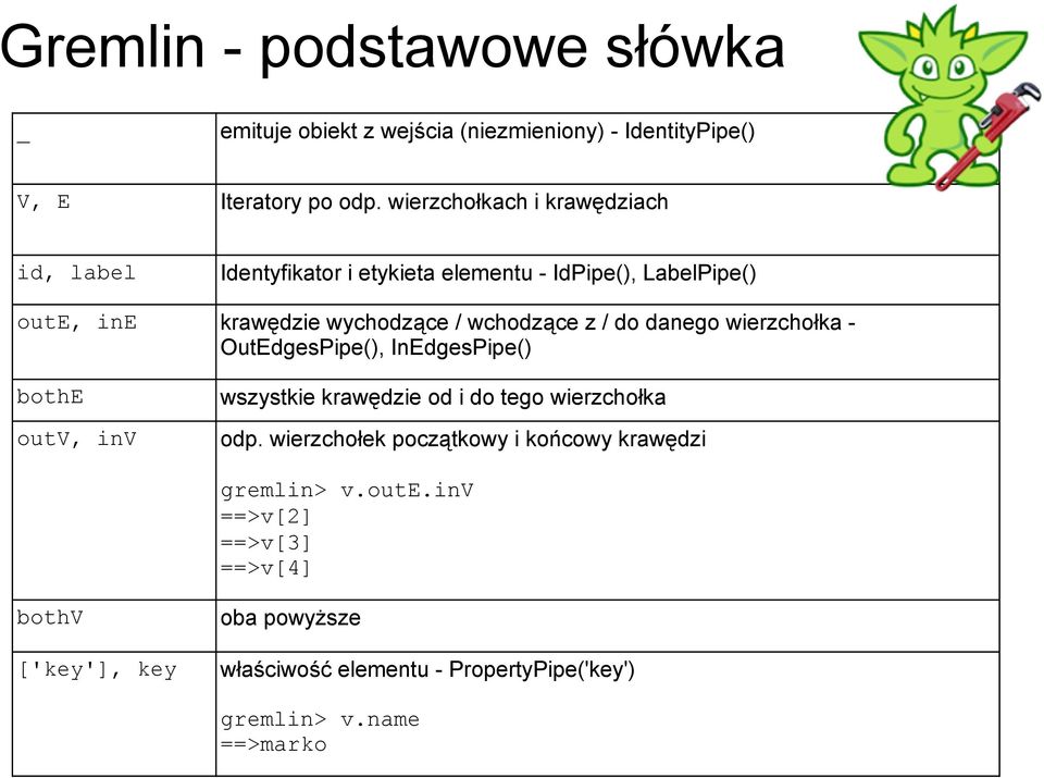 z / do danego wierzchołka - OutEdgesPipe(), InEdgesPipe() bothe outv, inv wszystkie krawędzie od i do tego wierzchołka odp.