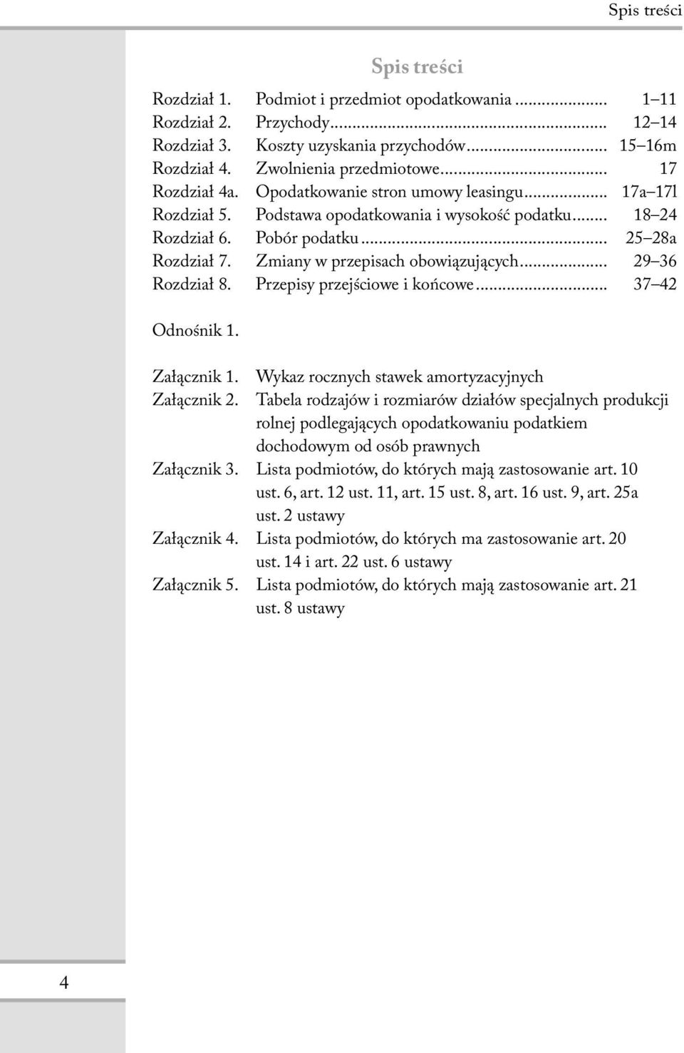 .. 29 36 Rozdział 8. Przepisy przejściowe i końcowe... 37 42 Odnośnik 1. Spis treści Załącznik 1. Wykaz rocznych stawek amortyzacyjnych Załącznik 2.