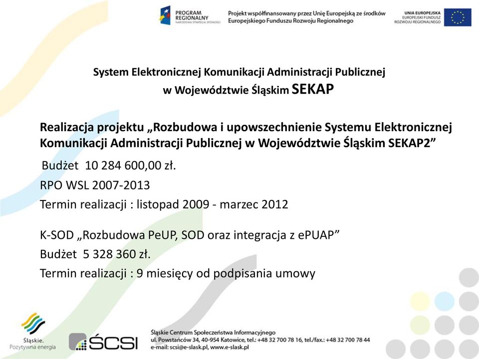 Śląskim SEKAP2 Budżet 10 284 600,00 zł.