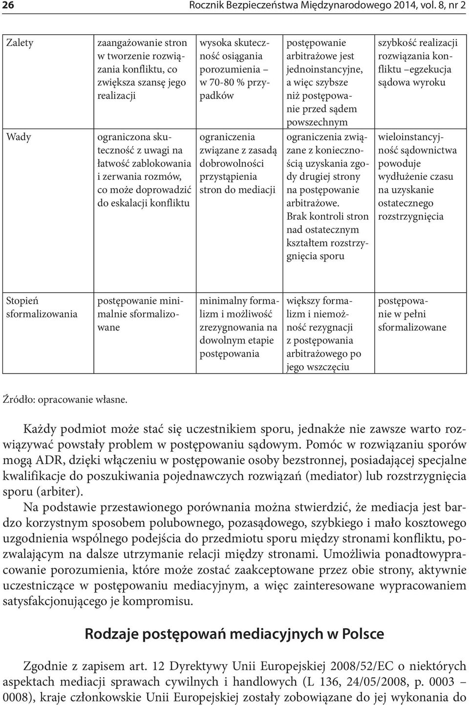 doprowadzić do eskalacji konfliktu wysoka skuteczność osiągania porozumienia w 70-80 % przypadków ograniczenia związane z zasadą dobrowolności przystąpienia stron do mediacji postępowanie arbitrażowe