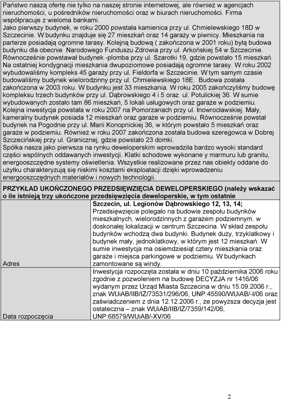 Mieszkania na parterze posiadają ogromne tarasy. Kolejną budową ( zakończona w 2001 roku) byłą budowa budynku dla obecnie Narodowego Funduszu Zdrowia przy ul. Arkońskiej 54 w Szczecinie.