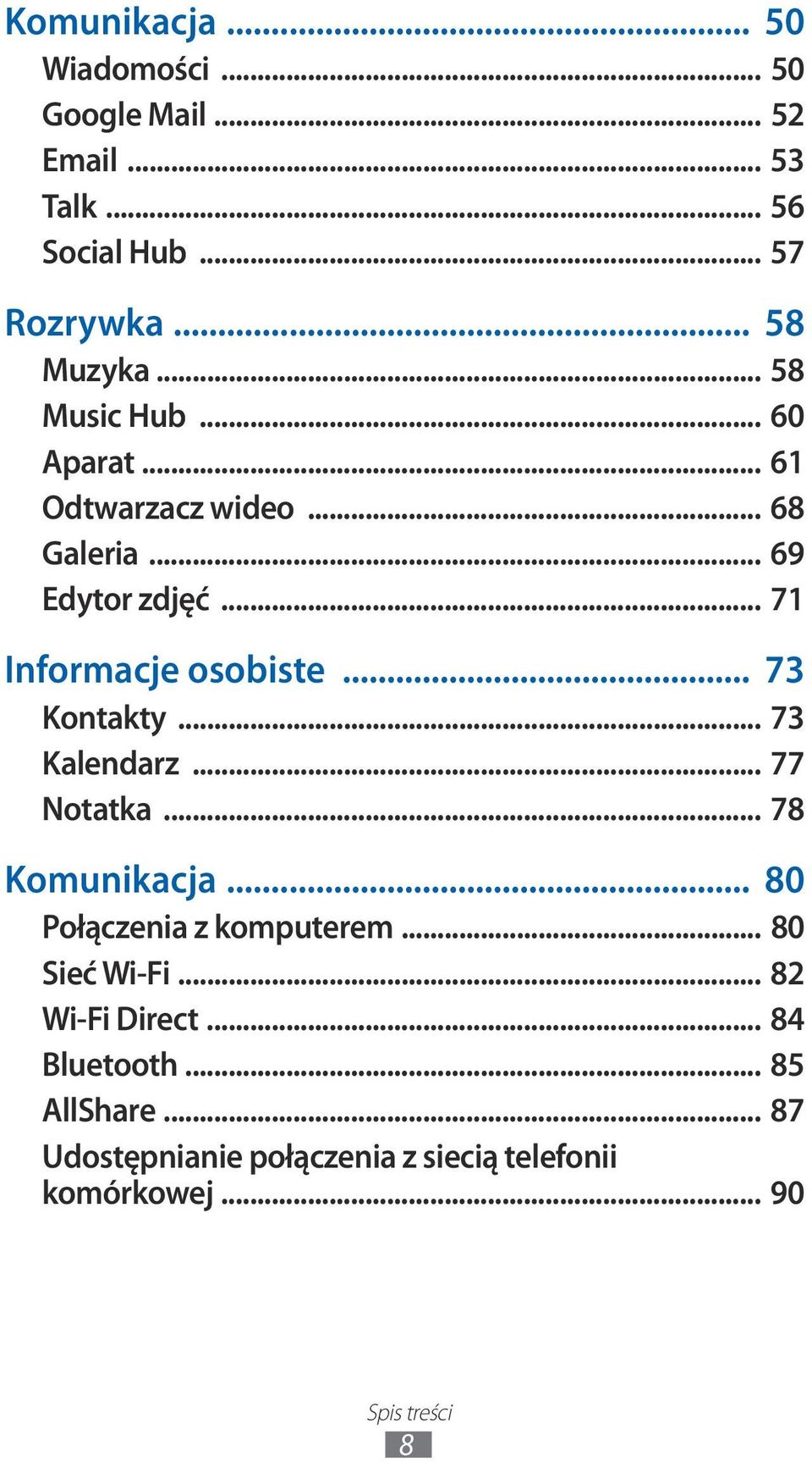 .. 73 Kontakty... 73 Kalendarz... 77 Notatka... 78 Komunikacja... 80 Połączenia z komputerem... 80 Sieć Wi-Fi.