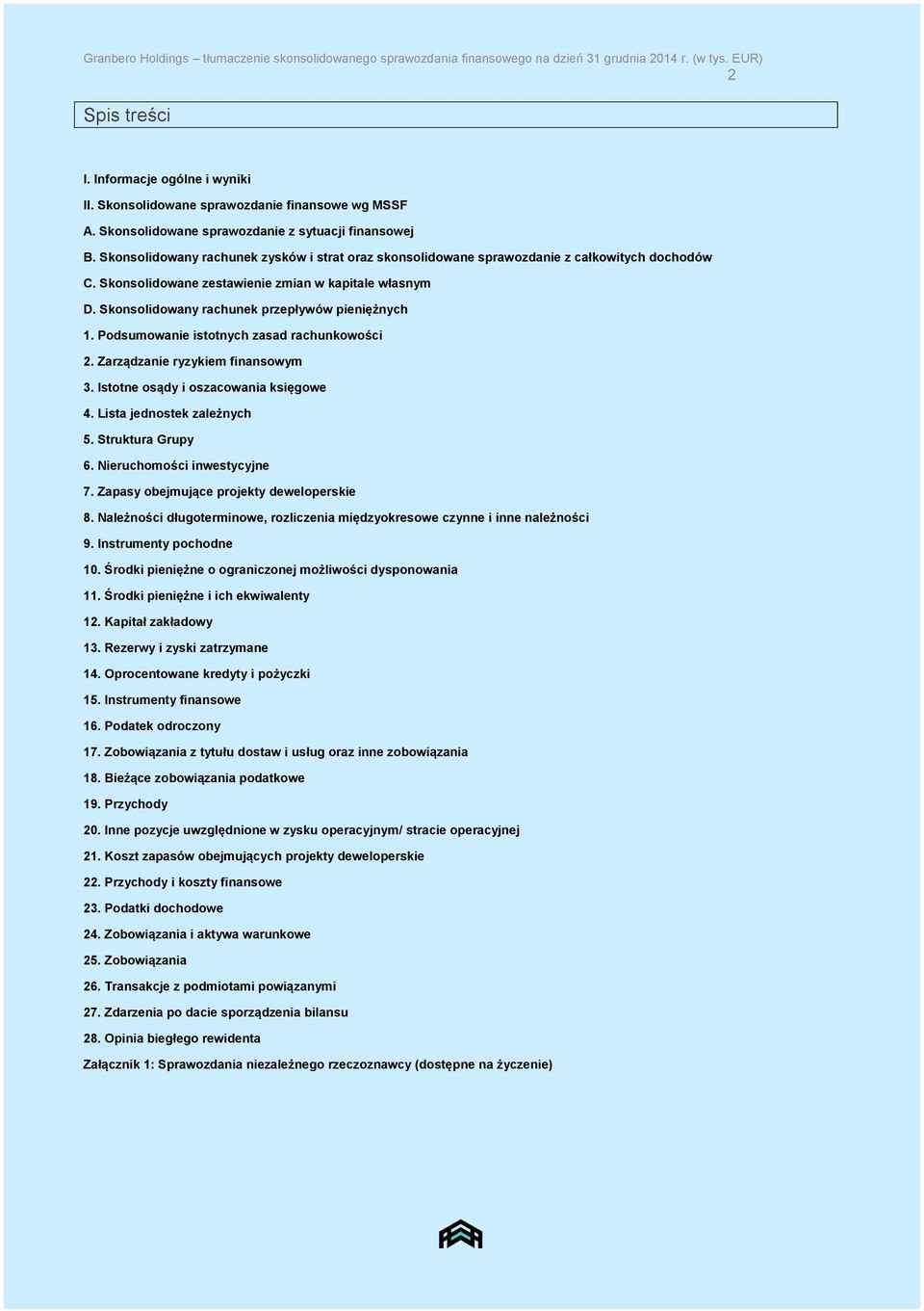 Skonsolidowane zestawienie zmian w kapitale własnym D. Skonsolidowany rachunek przepływów pieniężnych 1. Podsumowanie istotnych zasad rachunkowości 2. Zarządzanie ryzykiem finansowym 3.