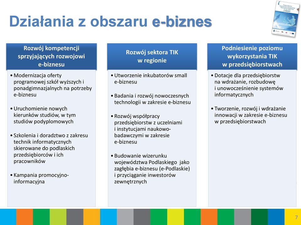 Rozwój sektora TIK w regionie Utworzenie inkubatorów small e-biznesu Badania i rozwój nowoczesnych technologii w zakresie e-biznesu Rozwój współpracy przedsiębiorstw z uczelniami i instytucjami