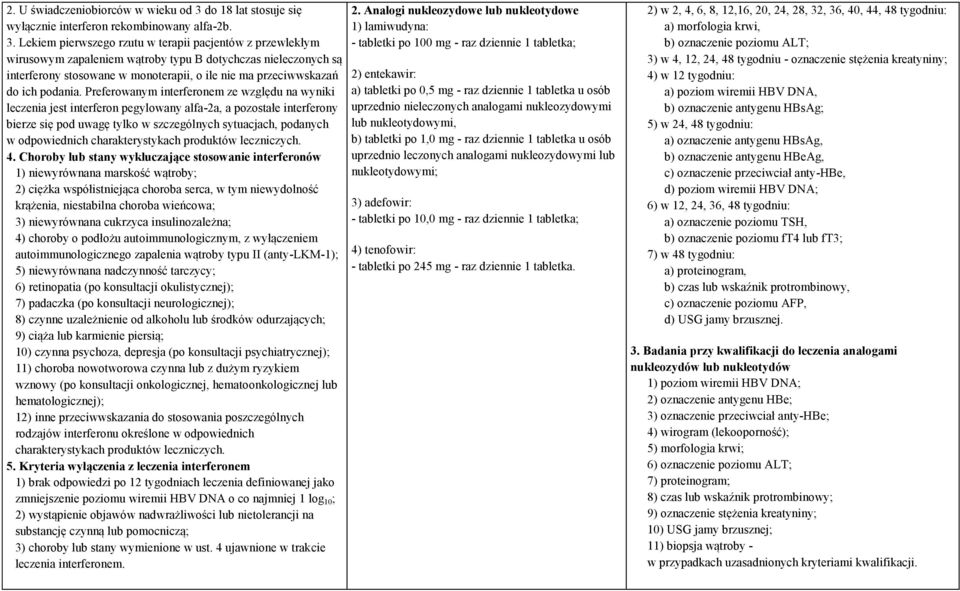 Lekiem pierwszego rzutu w terapii pacjentów z przewlekłym wirusowym zapaleniem wątroby typu B dotychczas nieleczonych są interferony stosowane w monoterapii, o ile nie ma przeciwwskazań do ich