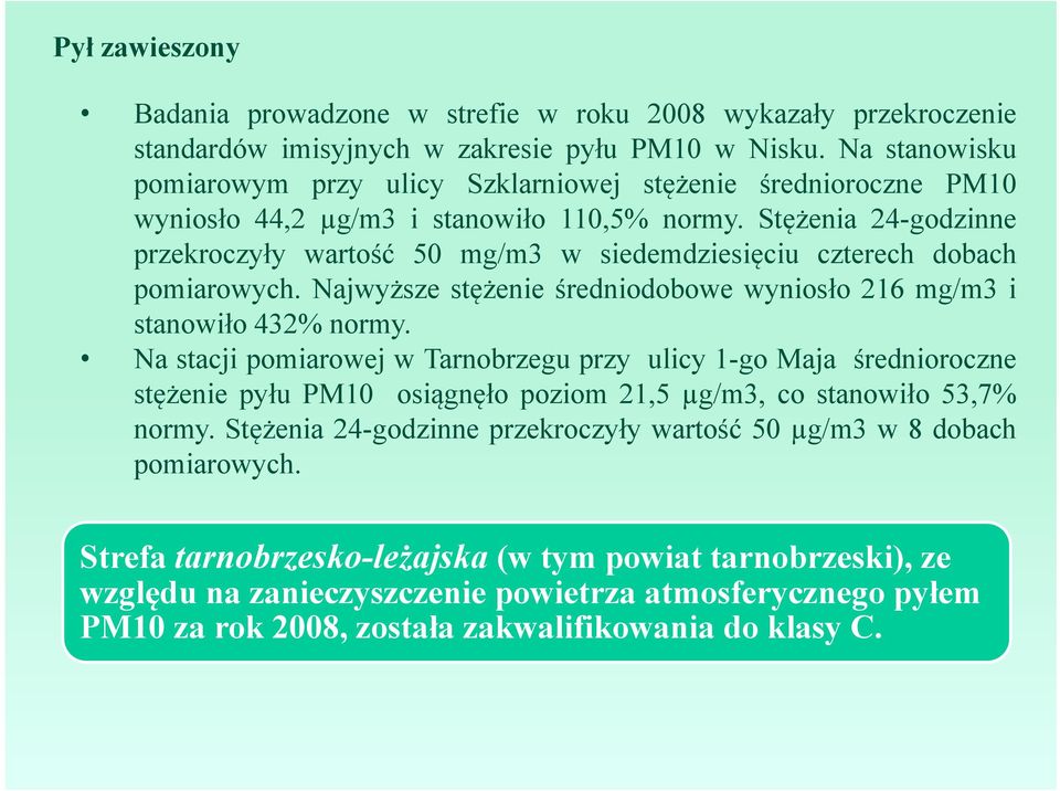 Stężenia 24-godzinne przekroczyły wartość 50 mg/m3 w siedemdziesięciu czterech dobach pomiarowych. Najwyższe stężenie średniodobowe wyniosło 216mg/m3i stanowiło 432% normy.