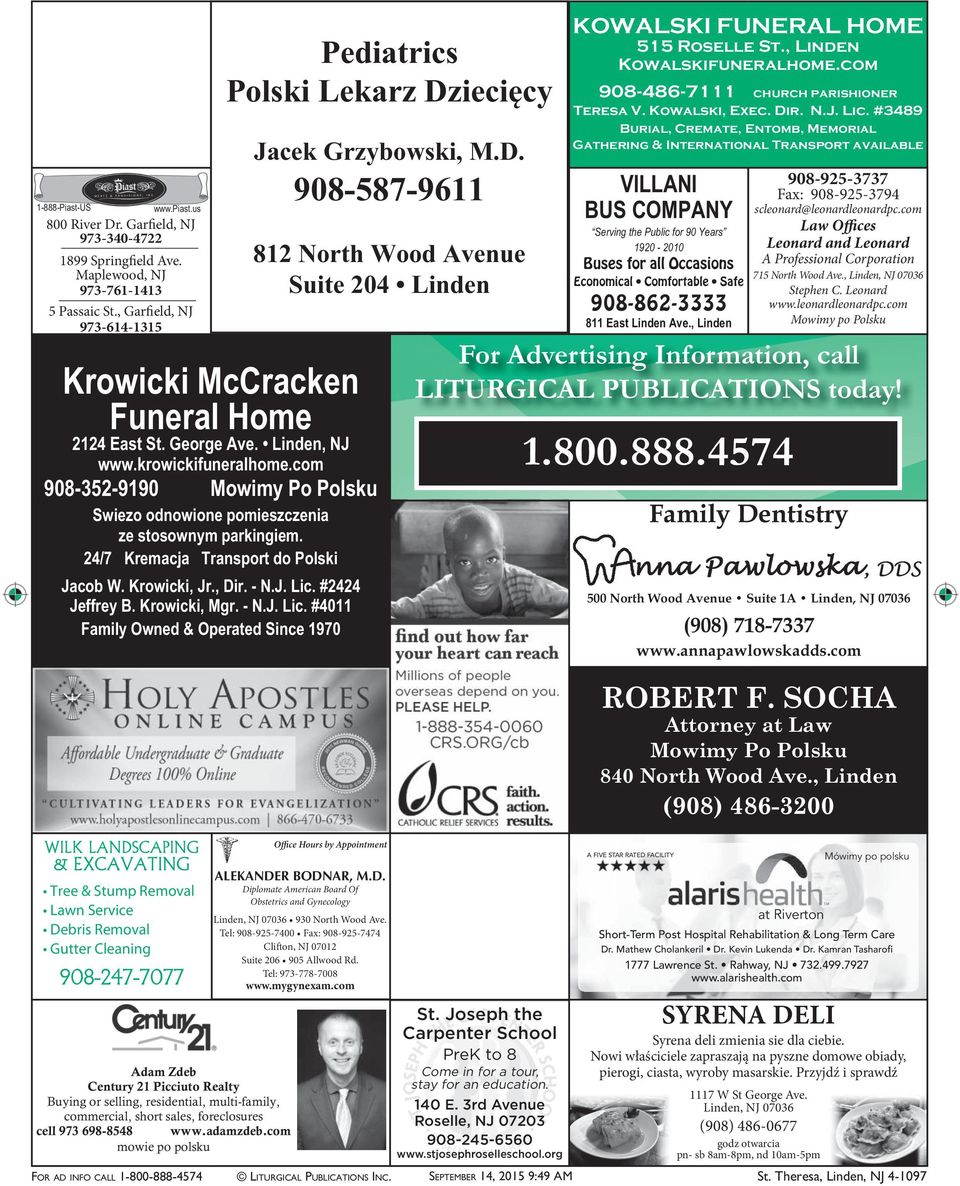 com 908-352-9190 Mowimy Po Polsku Swiezo odnowione pomieszczenia ze stosownym parkingiem. 24/7 Kremacja Transport do Polski Jacob W. Krowicki, Jr., Dir. - N.J. Lic. #2424 Jeffrey B. Krowicki, Mgr.