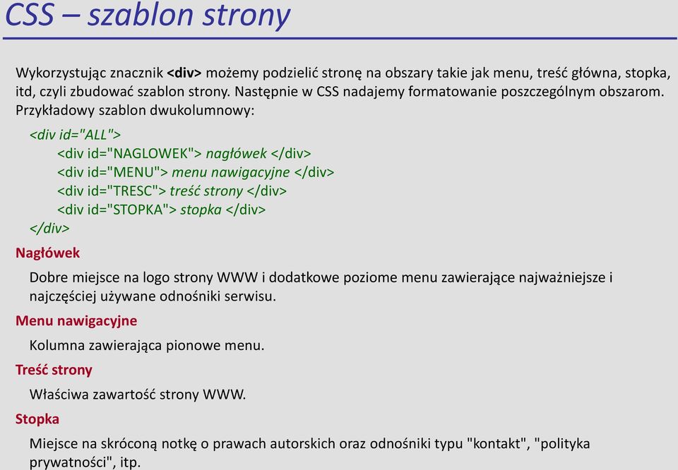 Przykładowy szablon dwukolumnowy: <div id="all"> <div id="naglowek"> nagłówek </div> <div id="menu"> menu nawigacyjne </div> <div id="tresc"> treśd strony </div> <div id="stopka"> stopka