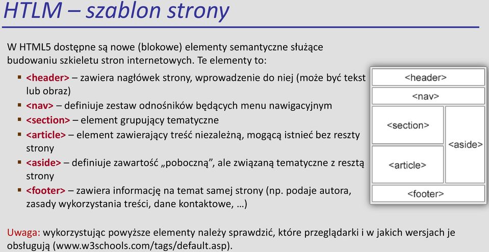 tematyczne <article> element zawierający treśd niezależną, mogącą istnied bez reszty strony <aside> definiuje zawartośd poboczną, ale związaną tematyczne z resztą strony <footer> zawiera