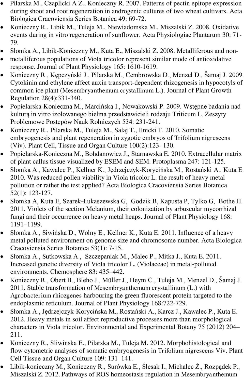 Acta Physiologiae Plantarum 30: 71-79. Słomka A., Libik-Konieczny M., Kuta E., Miszalski Z. 2008.