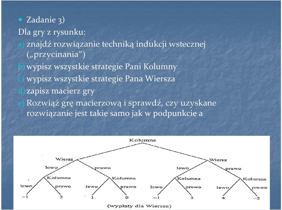 wypisz wszystkie strategie Pana Wiersza d) zapisz macierz gry e) Rozwiąż