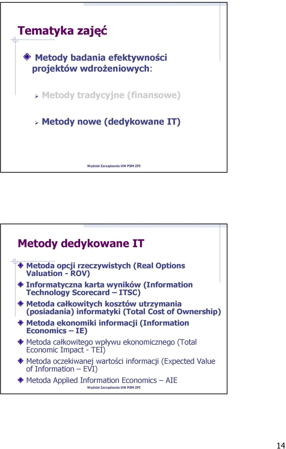 kosztów utrzymania (posiadania) informatyki (Total Cost of Ownership) Metoda ekonomiki informacji (Information Economics IE) Metoda całkowitego wpływu