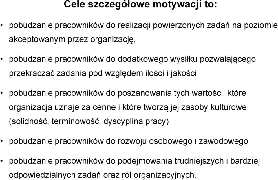 wartości, które organizacja uznaje za cenne i które tworzą jej zasoby kulturowe (solidność, terminowość, dyscyplina pracy) pobudzanie