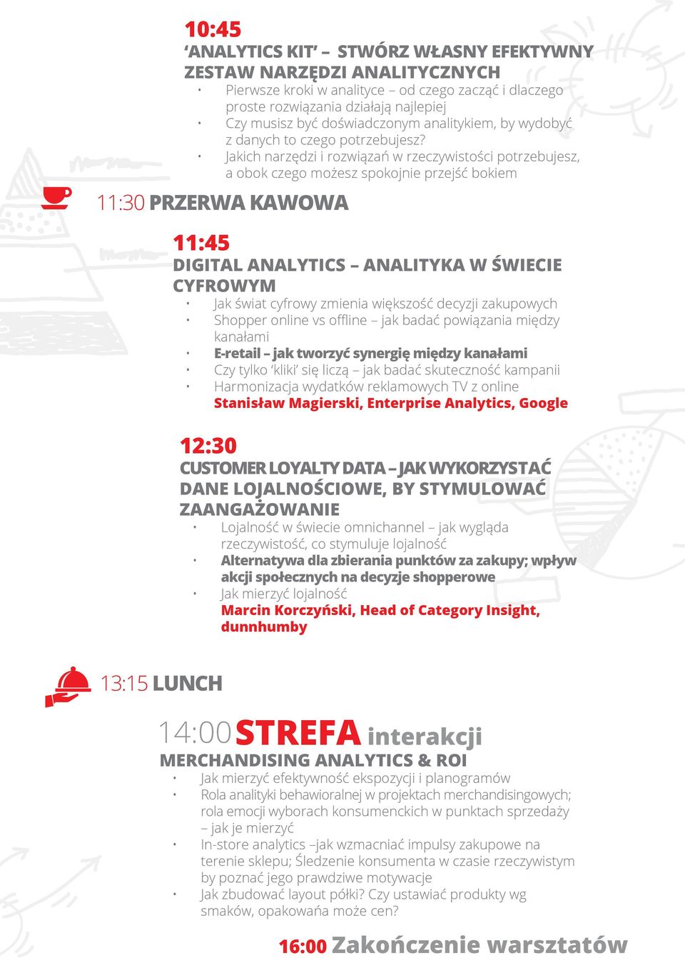 Jakich narzędzi i rozwiązań w rzeczywistości potrzebujesz, a obok czego możesz spokojnie przejść bokiem 11:30 PRZERWA KAWOWA 11:45 DIGITAL ANALYTICS ANALITYKA W ŚWIECIE CYFROWYM Jak świat cyfrowy