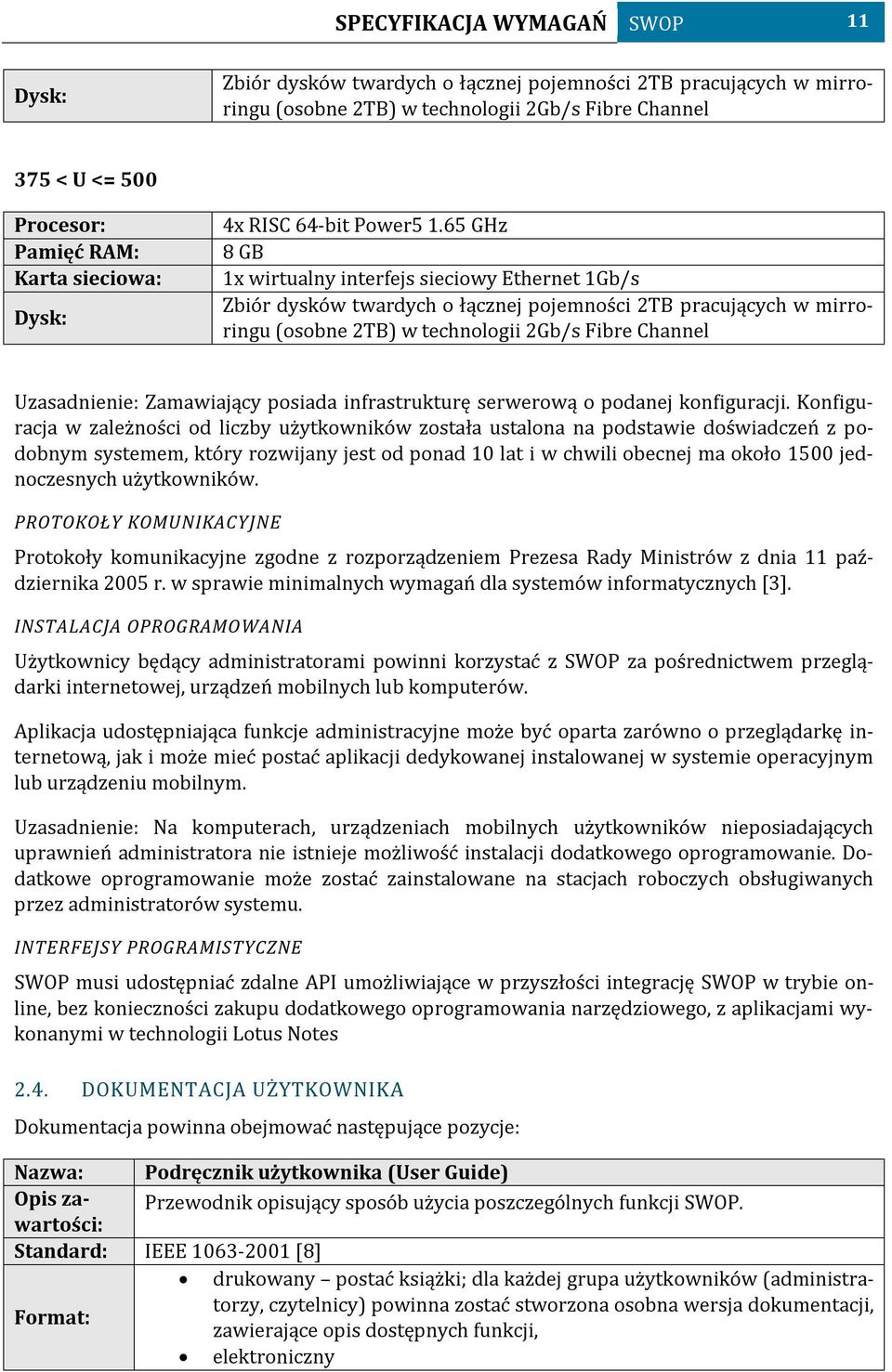 65 GHz 8 GB 1x wirtualny interfejs sieciowy Ethernet 1Gb/s Zbiór dysków twardych o łącznej pojemności 2TB pracujących w mirroringu (osobne 2TB) w technologii 2Gb/s Fibre Channel Uzasadnienie: