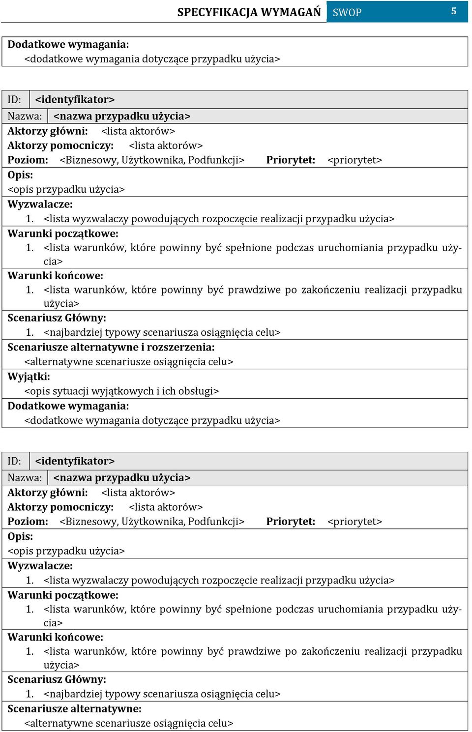 <lista wyzwalaczy powodujących rozpoczęcie realizacji przypadku użycia> Warunki początkowe: 1. <lista warunków, które powinny być spełnione podczas uruchomiania przypadku użycia> Warunki końcowe: 1.