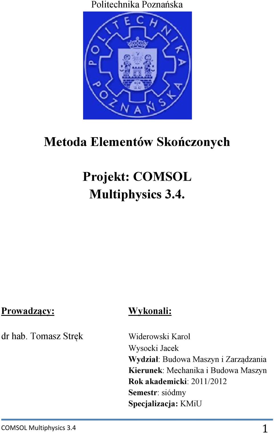 Tomasz Stręk Wykonali: Widerowski Karol Wysocki Jacek Wydział: Budowa Maszyn i