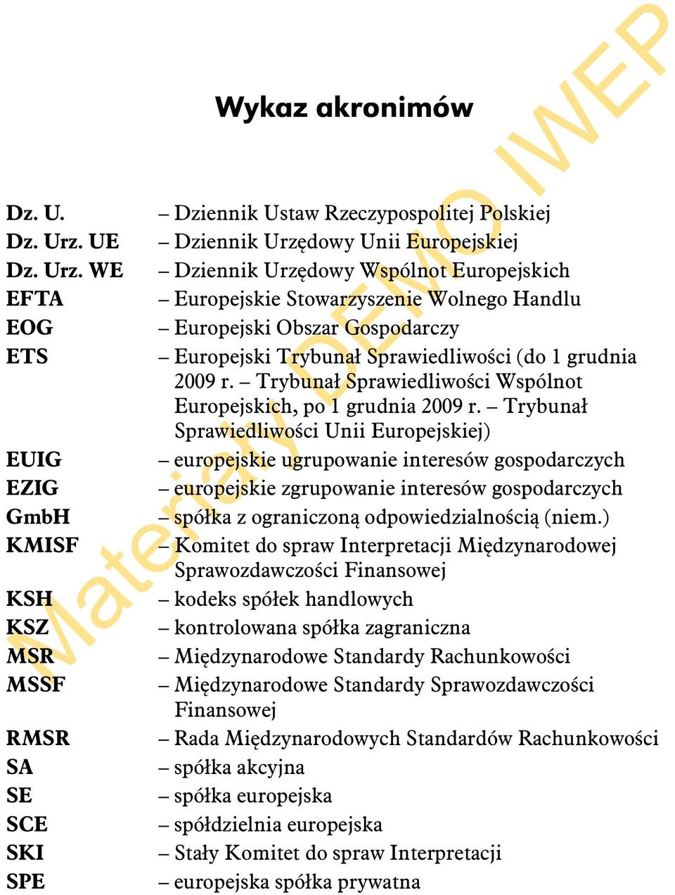 WE EFTA EOG ETS EUIG EZIG GmbH KMISF KSH KSZ MSR MSSF RMSR SA SE SCE SKI SPE Wykaz akronimów Dziennik Ustaw Rzeczypospolitej Polskiej Dziennik Urzędowy Unii Europejskiej Dziennik Urzędowy Wspólnot