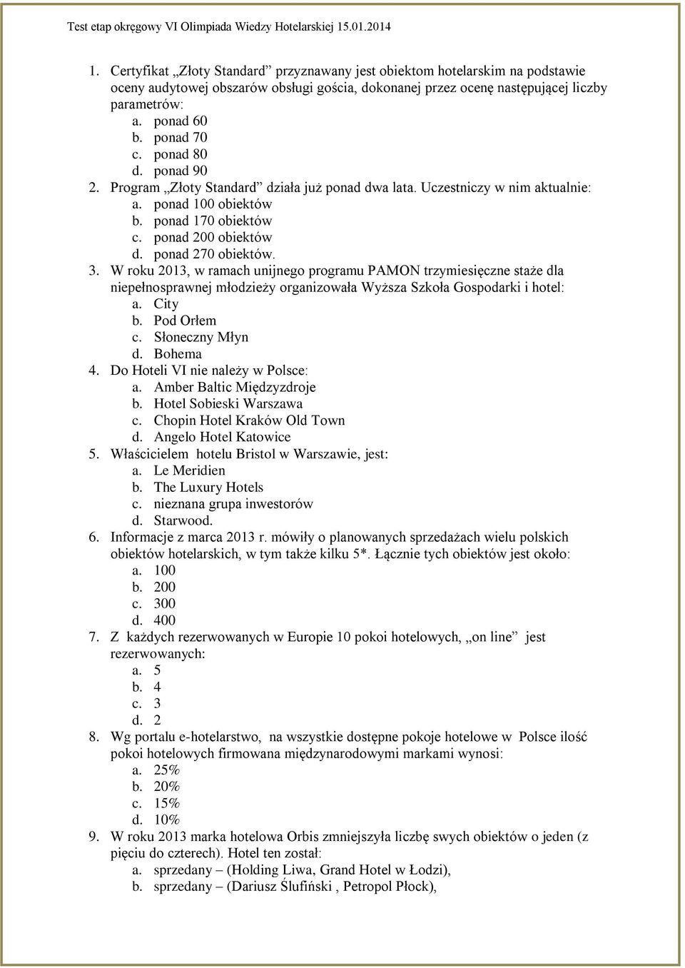 ponad 270 obiektów. 3. W roku 2013, w ramach unijnego programu PAMON trzymiesięczne staże dla niepełnosprawnej młodzieży organizowała Wyższa Szkoła Gospodarki i hotel: a. City b. Pod Orłem c.