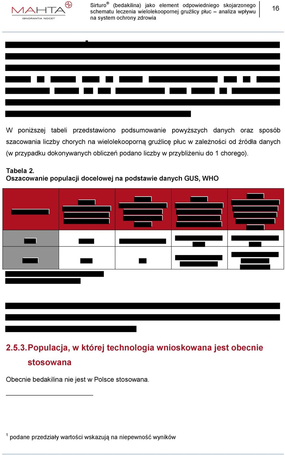 Tabela 2. Oszacowanie populacji docelowej na podstawie danych GUS, WHO 2.5.3.