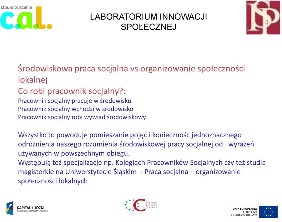 pomieszanie pojęd i koniecznośc jednoznacznego odróżnienia naszego rozumienia środowiskowej pracy socjalnej od wyrażeo używanych w powszechnym obiegu.