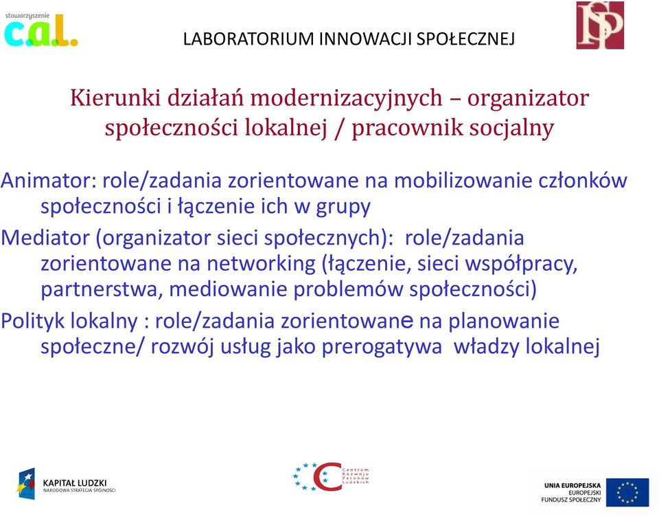 społecznych): role/zadania zorientowane na networking (łączenie, sieci współpracy, partnerstwa, mediowanie