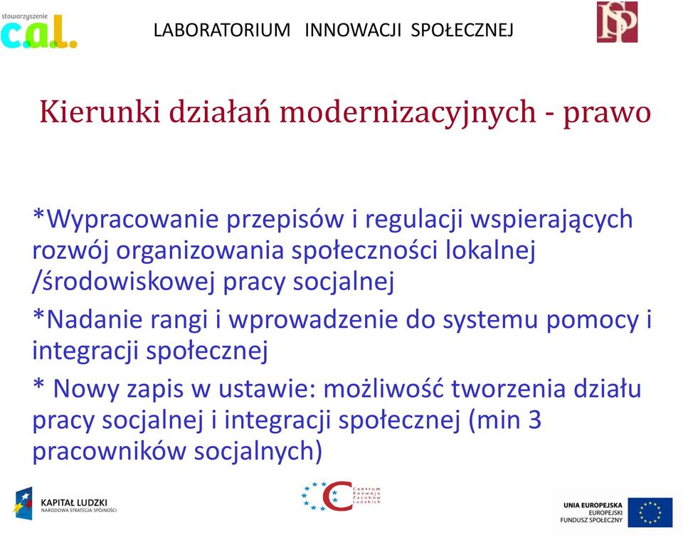 *Nadanie rangi i wprowadzenie do systemu pomocy i integracji społecznej * Nowy zapis w