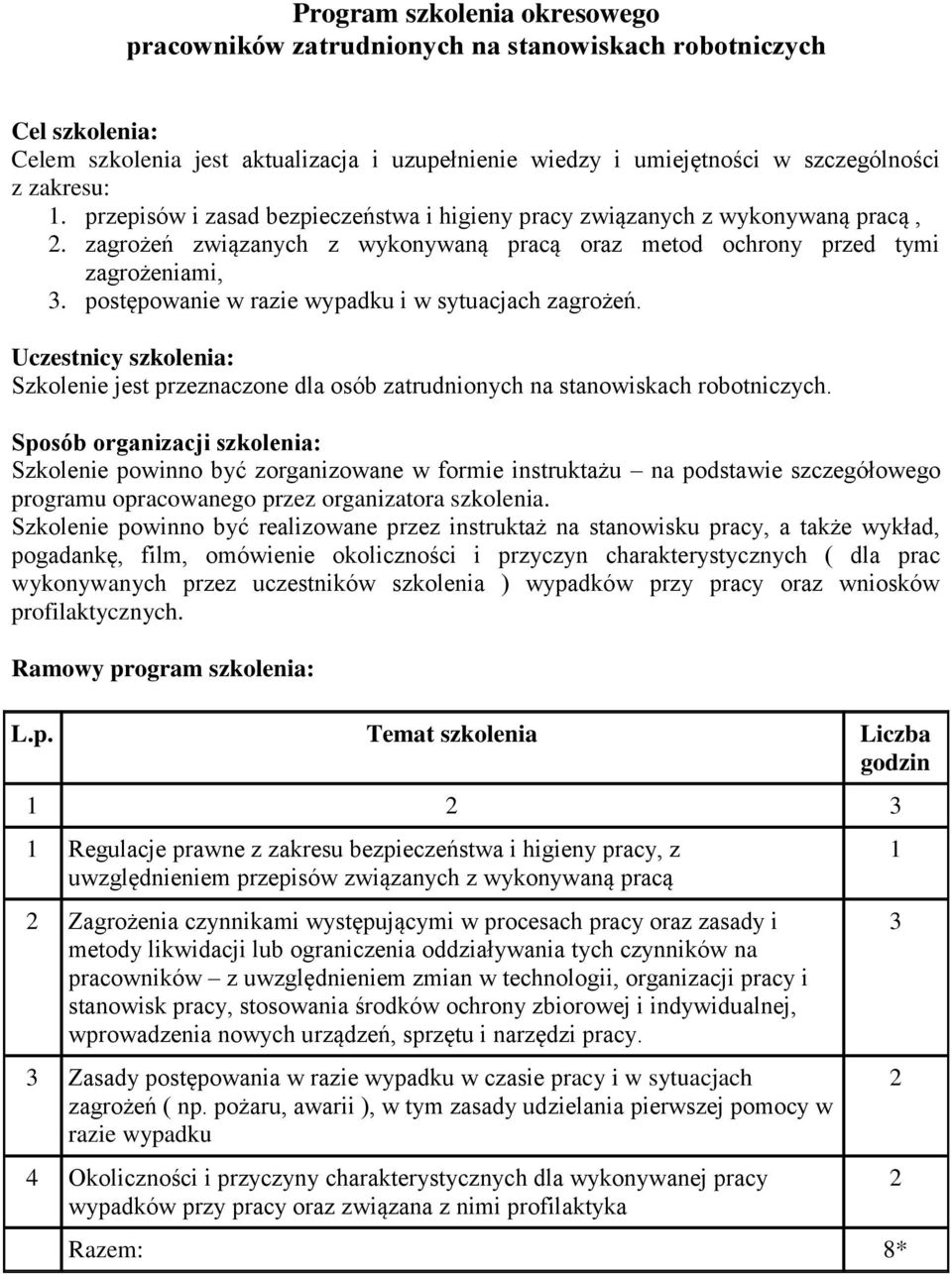 postępowanie w razie wypadku i w sytuacjach zagrożeń. Uczestnicy szkolenia: Szkolenie jest przeznaczone dla osób zatrudnionych na stanowiskach robotniczych.