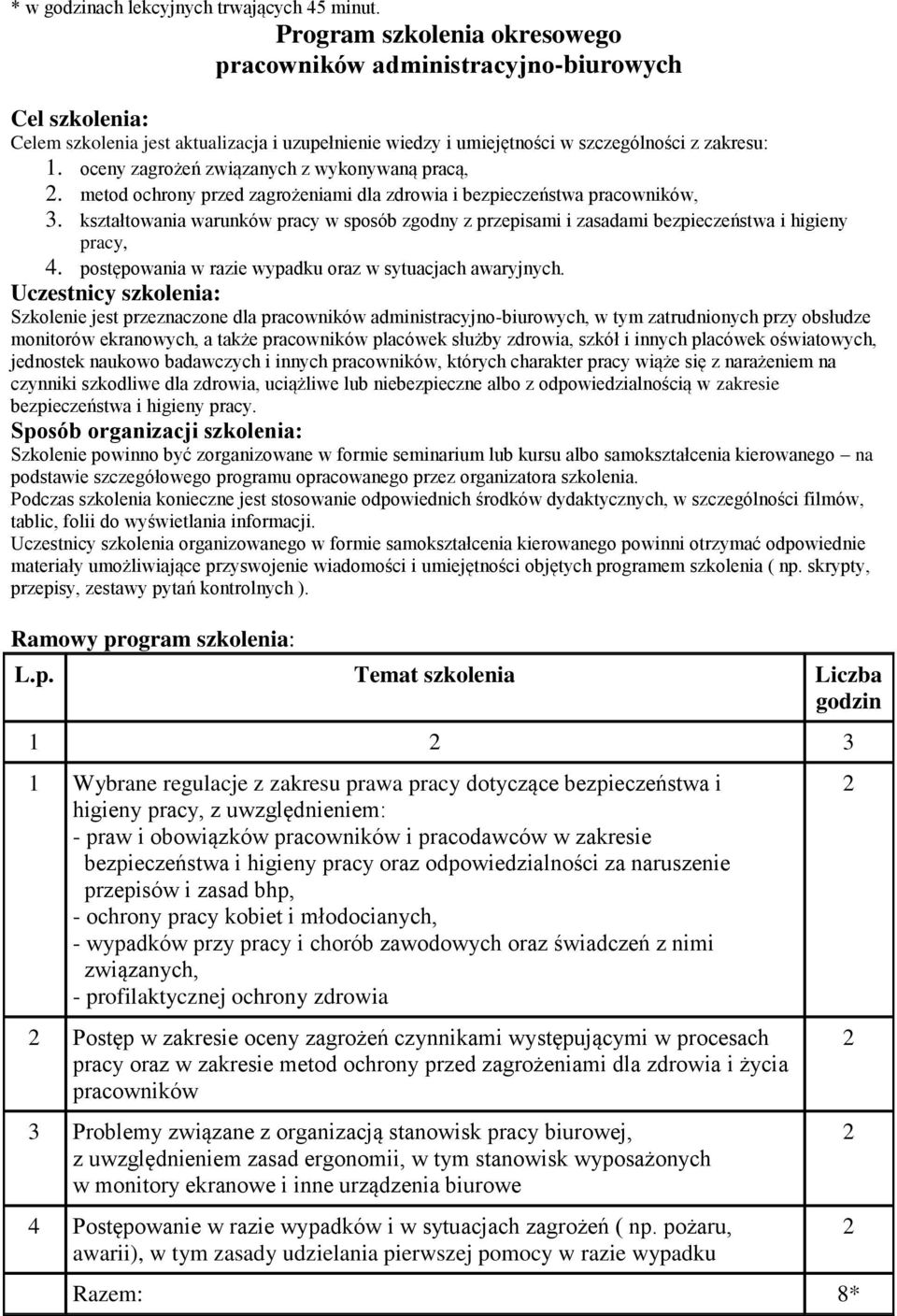 oceny zagrożeń związanych z wykonywaną pracą, 2. metod ochrony przed zagrożeniami dla zdrowia i bezpieczeństwa pracowników, 3.